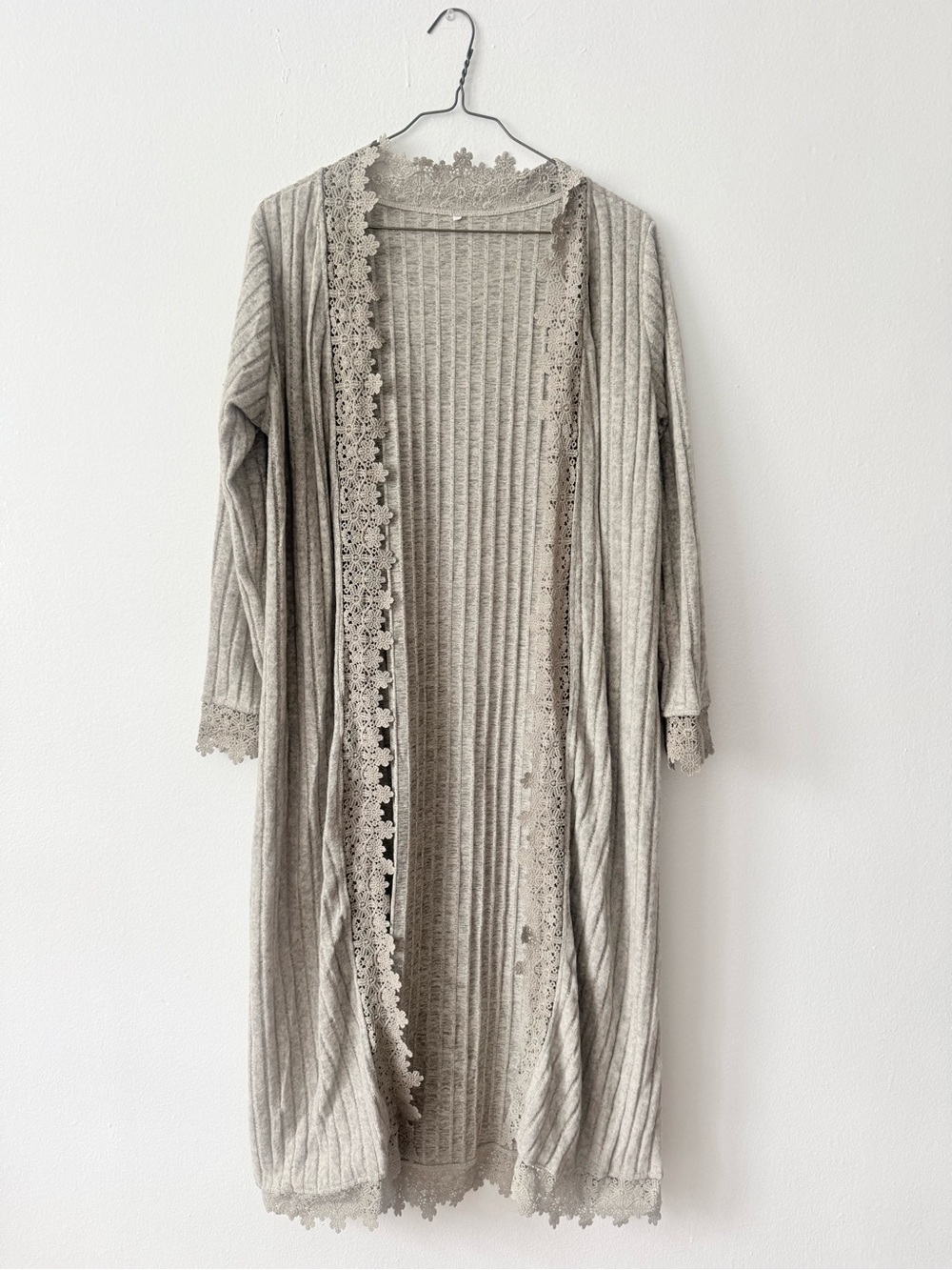Light Gray Lace-Trim Ribbed Long Cardigan Sweater